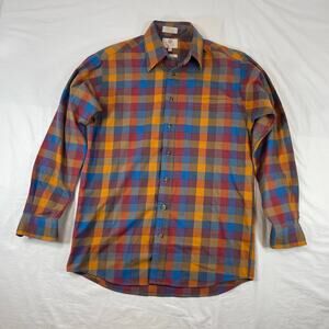 Viyella Vintage Plaid Button Down Shirt Blue Orange Red Wool Blend Mens Medium